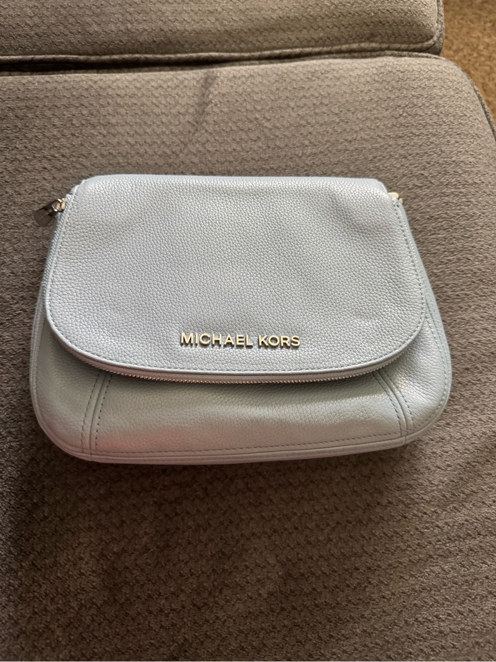 MICHAEL KORS Pale Blue Pebbled Leather Crossbody Bag with Gold Logo